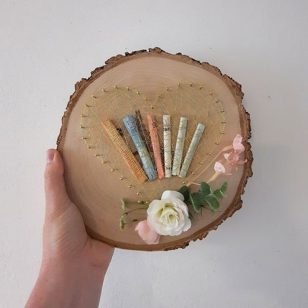 Fadenbild "Geldgeschenk Drahtherz mit Blumen"