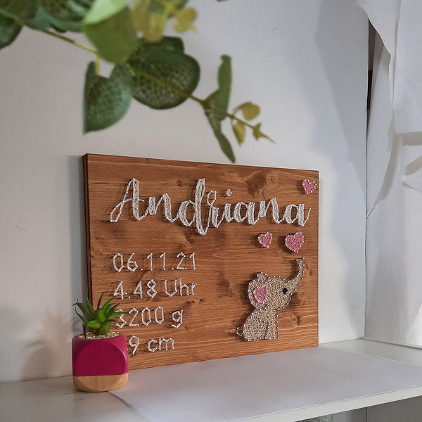 Fadenbild DIY-Set "Name mit Elefant und Daten"