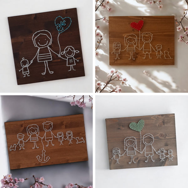 Fadenbild DIY-Set "Strichmännchen-Familie mit Ballon"