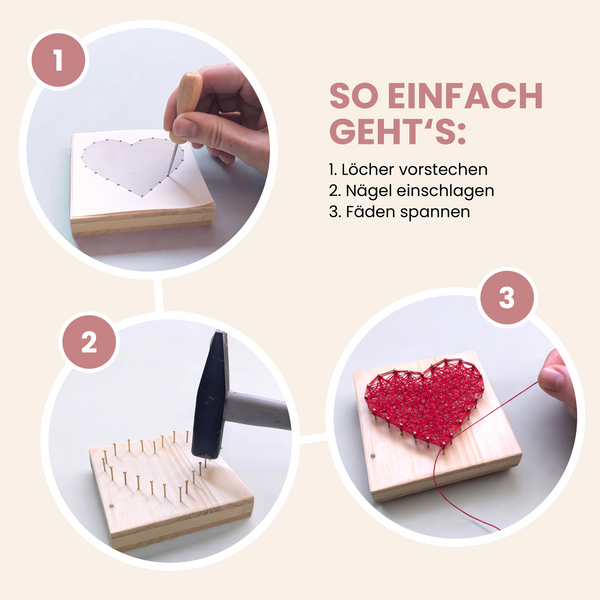 Anleitung DIY Fadenbild, Löcher vorstechen, Nägel einschlagen und Fäden spannen auf Holzbrett