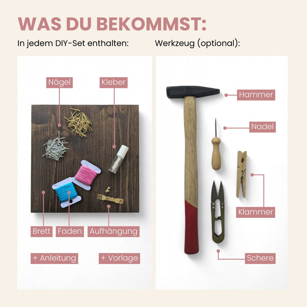 Inhalt Fadenbild DIY Set, Holzbrett, Nägel, Kleber, Aufhänger, Faden, Anleitung und optionales Werkzeug