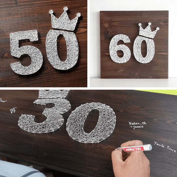 Fadenbild Gästebuch als Collage: Zahlen 30, 50 und 60 mit Krone aus weißem Faden, Gäste schreiben Unterschriften mit Lackstift auf das Holzbrett