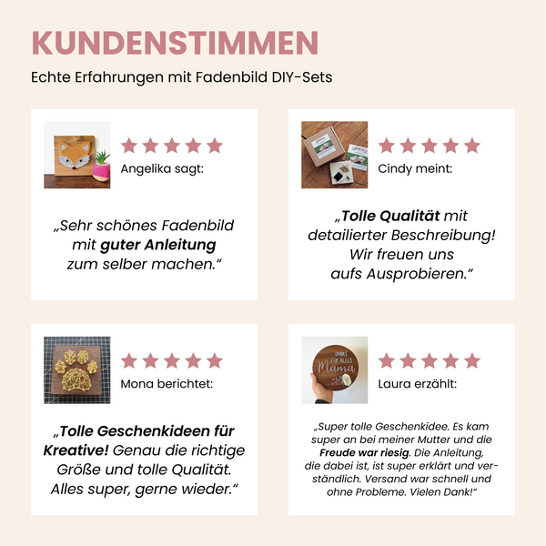 Kundenstimmen zu Fadenbild DIY Sets, echte Bewertungen mit Fotos fertiger Fadenbilder und Geschenkideen